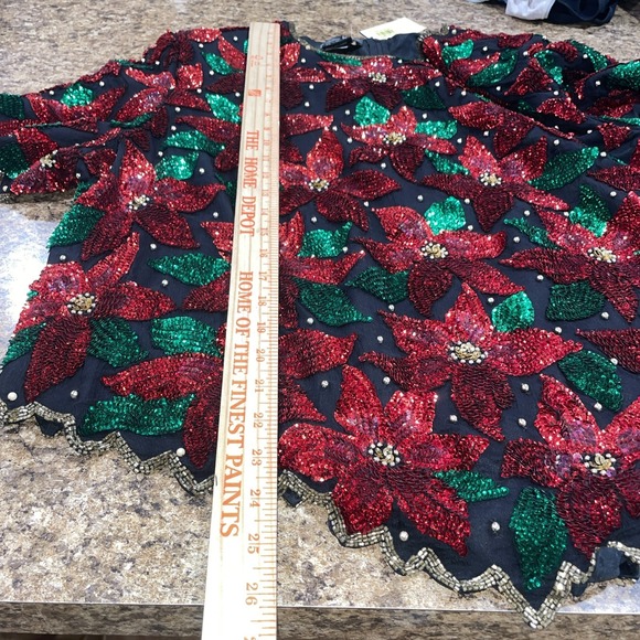 VTG Laurence Kazar Women's Black Sequined Beaded Poinsettia Christmas Top 2X NWT - Picture 10 of 16